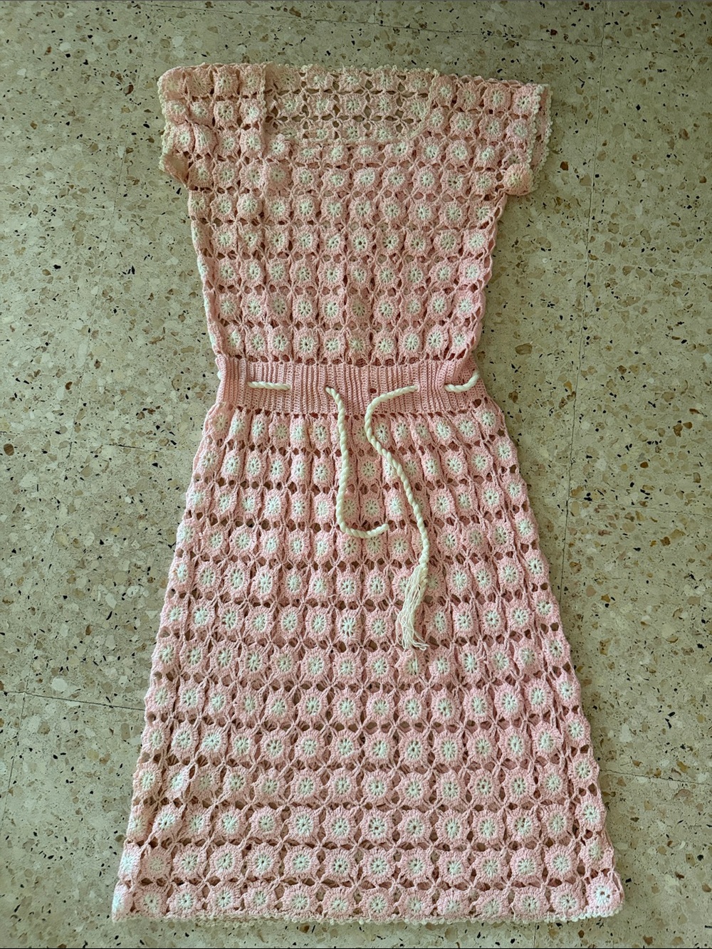 Pink Crochet Dress with Drawstring Waist